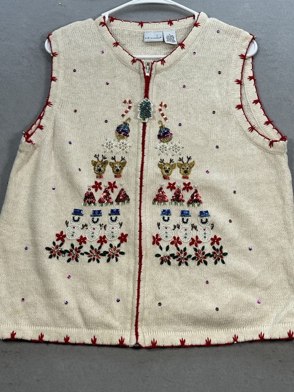 Kim Rogers Womens L Christmas Sweater Vest Beaded Snowman Reindeer Tree Holiday